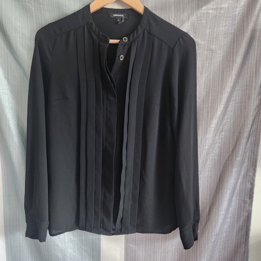 DKNY Womens Black Pleated Front Long Sleeve Band Collar Blouse XS Corporate Goth